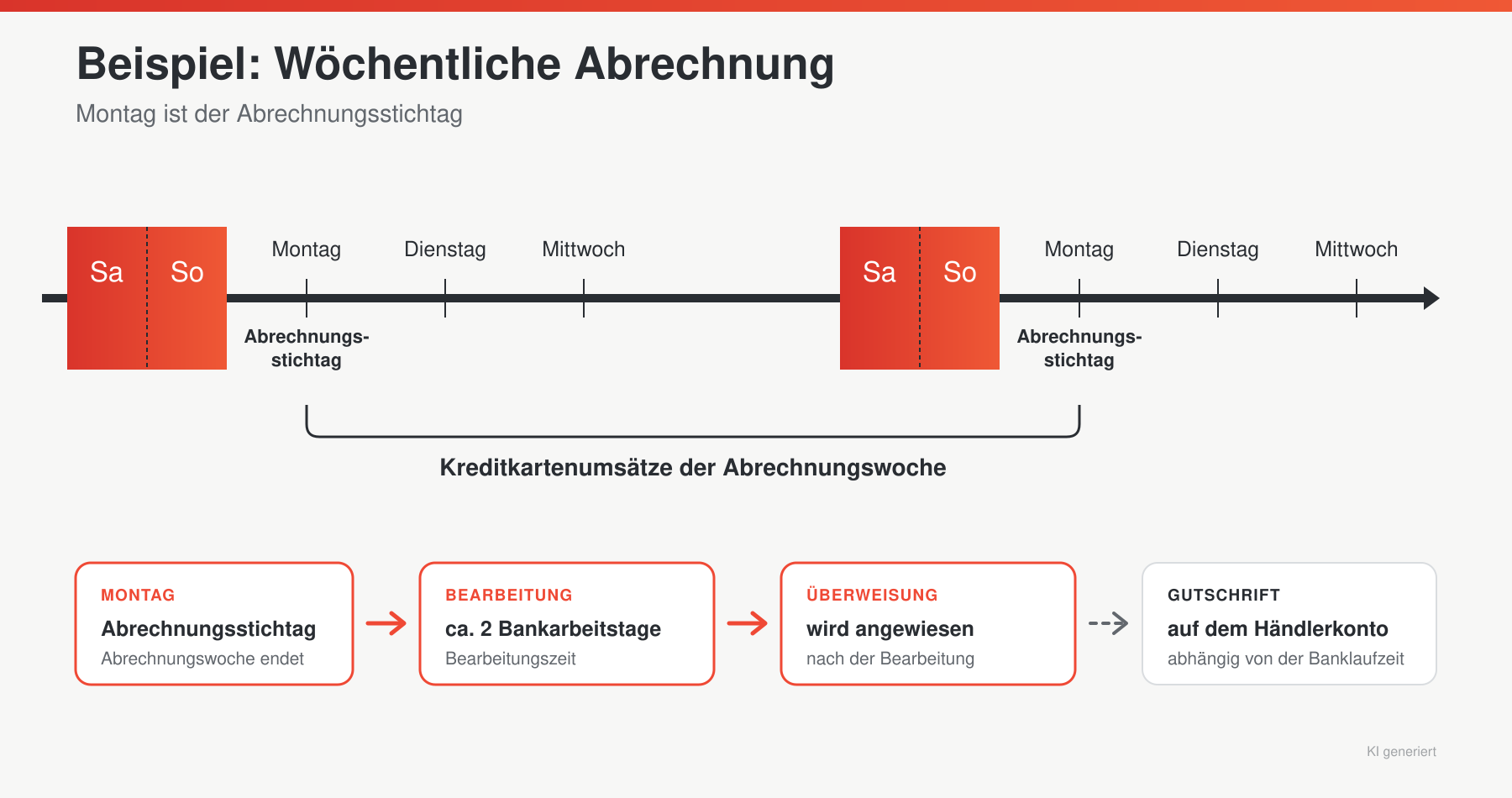 Schaubild zum wöchentlichen Auszahlungsrhythmus der Kreditkartenumsätze: Montag ist Abrechnungsstichtag, danach folgen etwa zwei Bankarbeitstage Bearbeitungszeit, die Anweisung der Überweisung und die bankabhängige Gutschrift auf dem Händlerkonto.